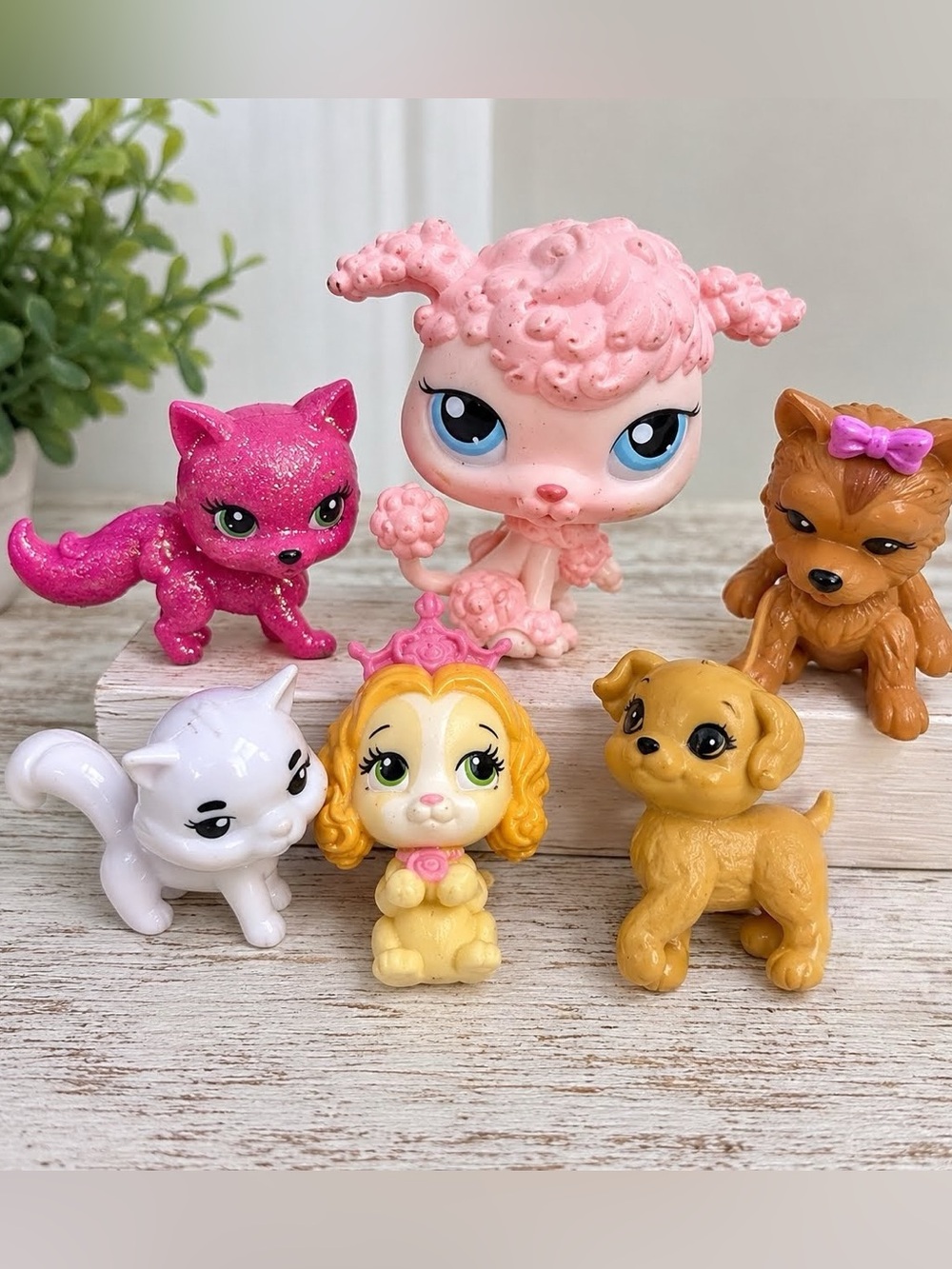 Mixed Mini Pet Figure Lot 6 Animal Toys Poodle Cat Dogs Glitter Pink